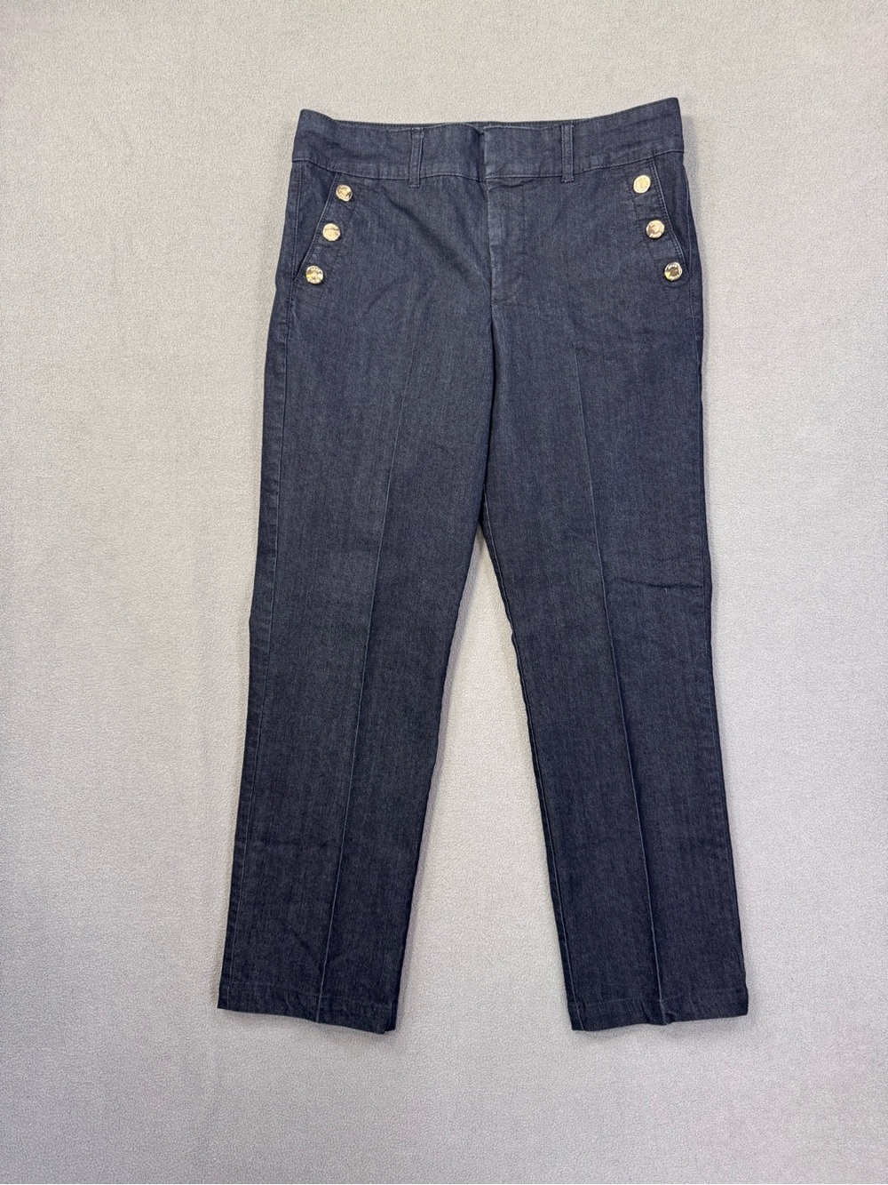 Anne Klein Dark Indigo High-Rise Cropped Trousers with Gold Accents, Size 30